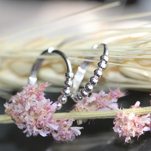 14K Solid White Gold Thin Beaded Huggie Hoop Earrings "the Simple Things" - Picture 1 of 7